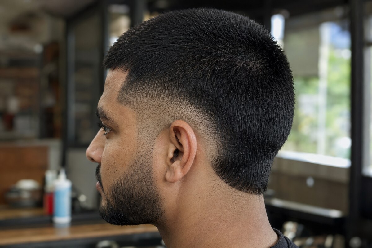 Short buzz cut with a precise rounded burst fade extending behind the ear