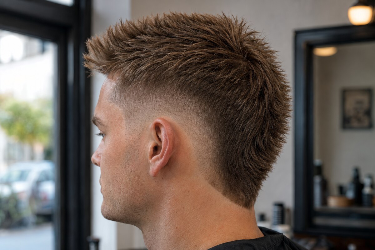 Short faux hawk with a low to mid burst fade curving around the ear