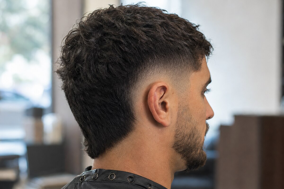 Side and back view of a man with a low burst fade curving in a semicircle behind the ear
