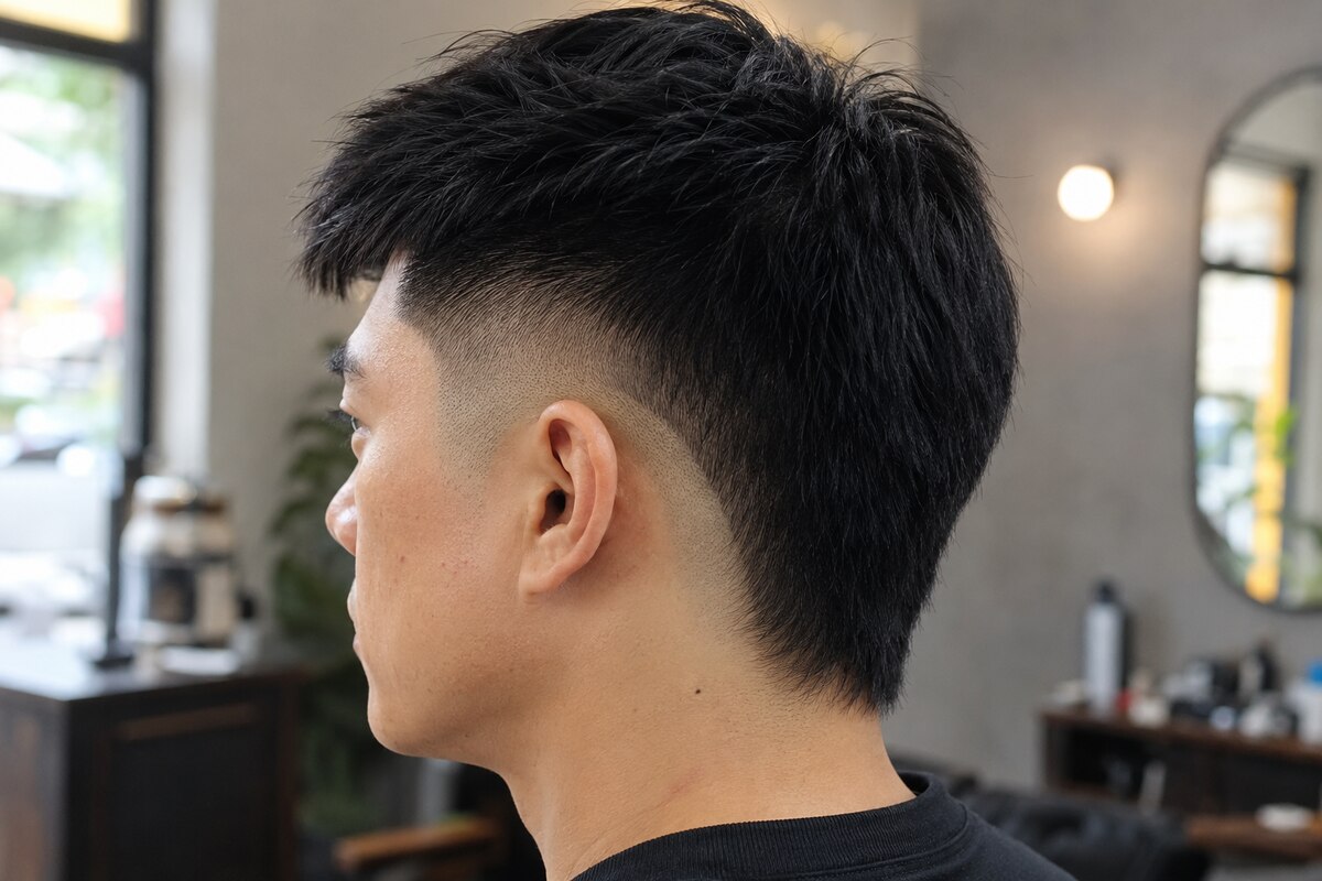 Side and back view of a mid burst fade with a rounded arc extending behind the ear