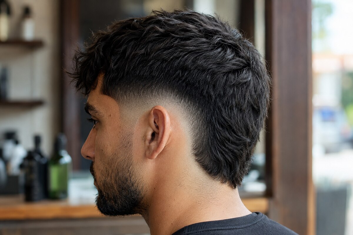 Textured crop haircut with separated layers and a mid burst fade behind the ear