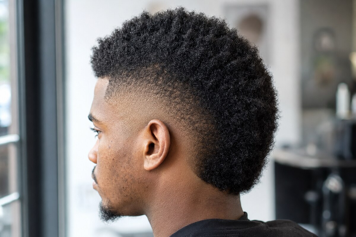Textured mohawk with a burst fade forming a complete semicircle behind the ear
