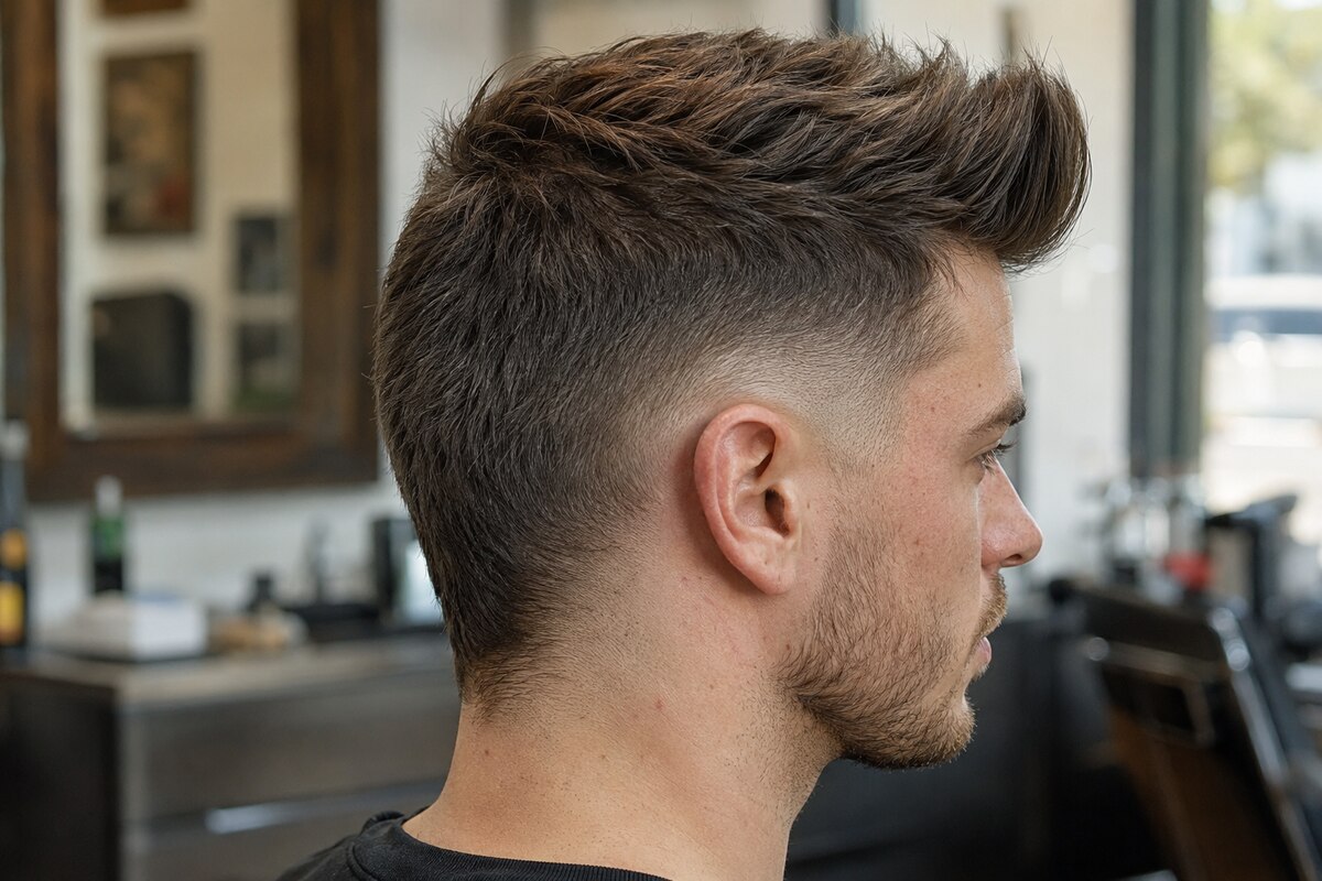 Voluminous quiff with a mid burst fade curving completely behind the ear